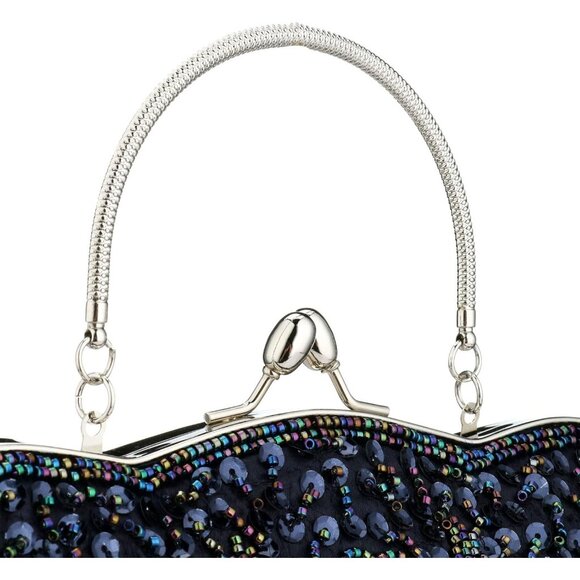 BEADED Sequin Flower Clutch Bag Blue - Picture 7 of 9